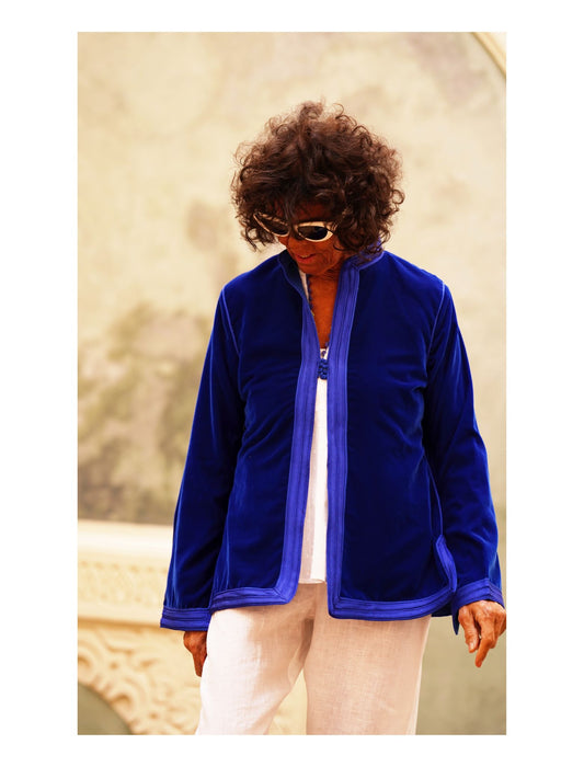 Cobalt blue short silk velvet jacket