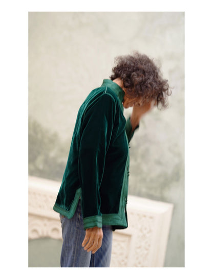 Short jacket in bottle green silk velvet