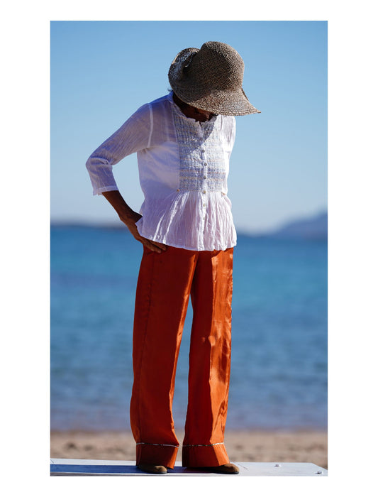 pantalone trombetta arancione in viscosa di seta bhanu design